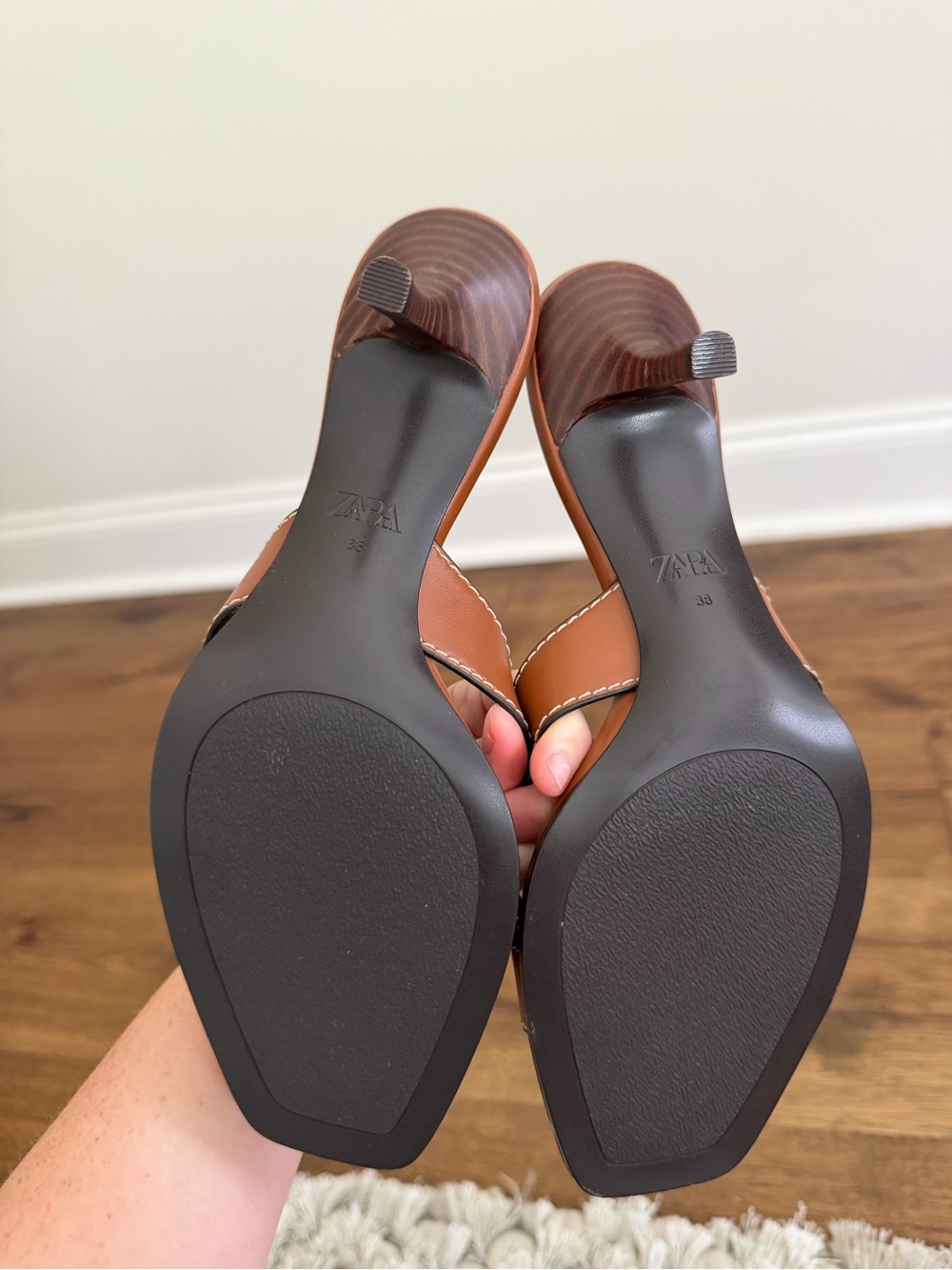 Zara Brown Leather Slide Heels — Open Square Toe Mules - Picture 3 of 4